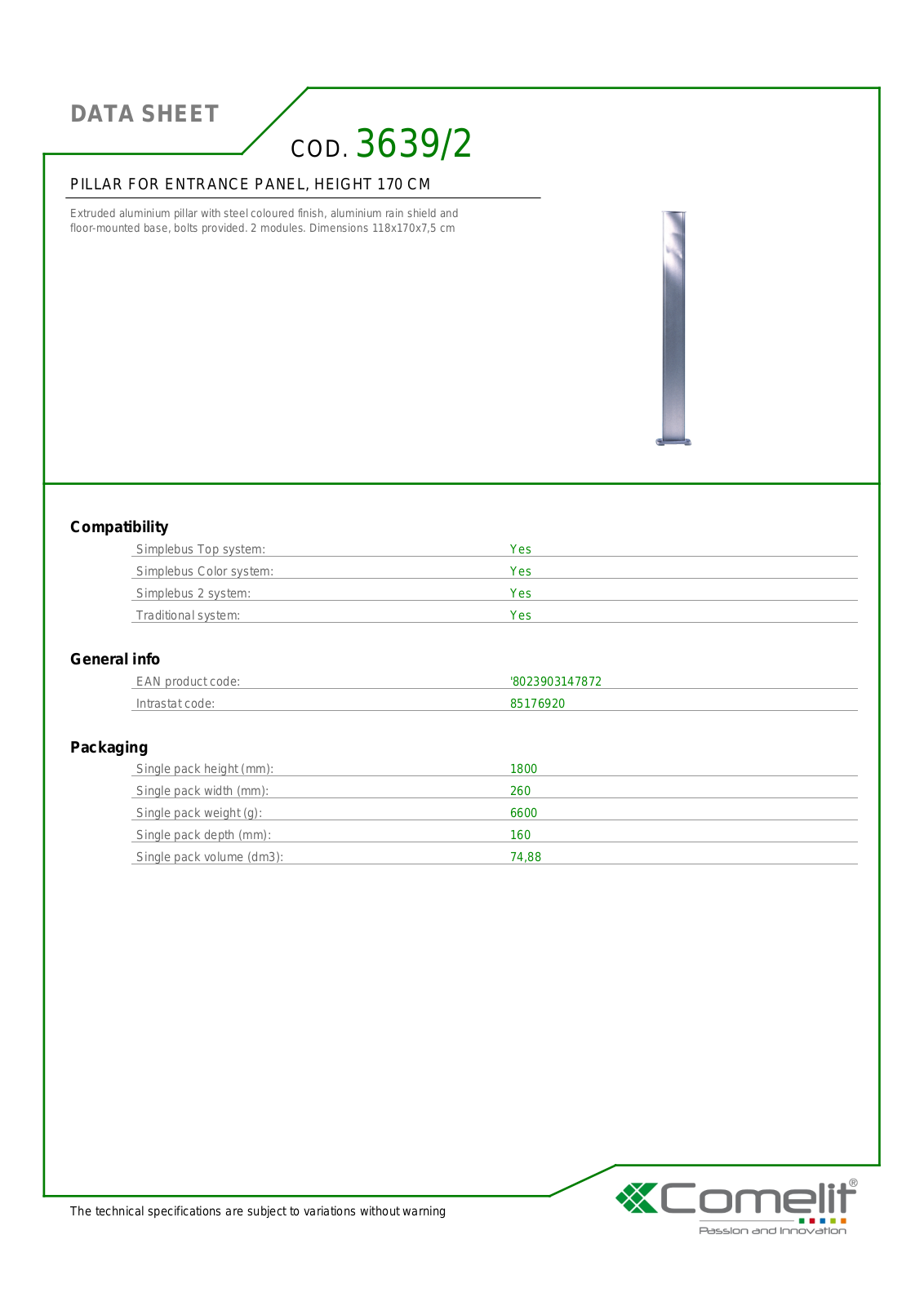 Comelit 3639-2 Specsheet