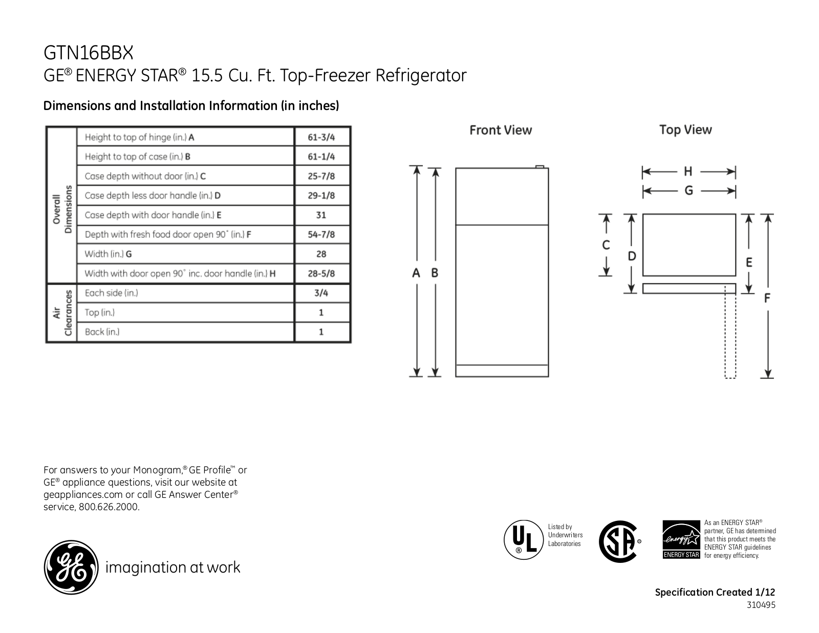 GE GTN16BBX Specification