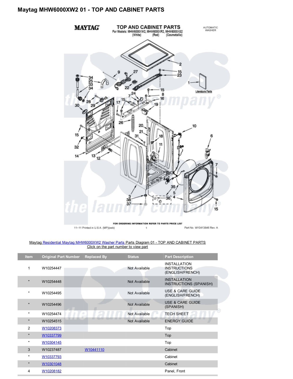 Maytag MHW6000XW2 Parts Diagram