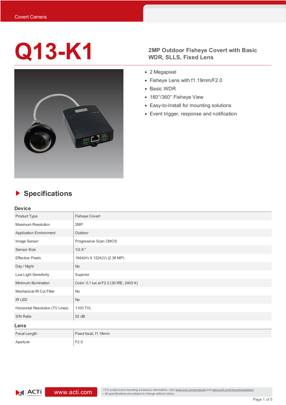 ACTi Q13-K1 Specsheet