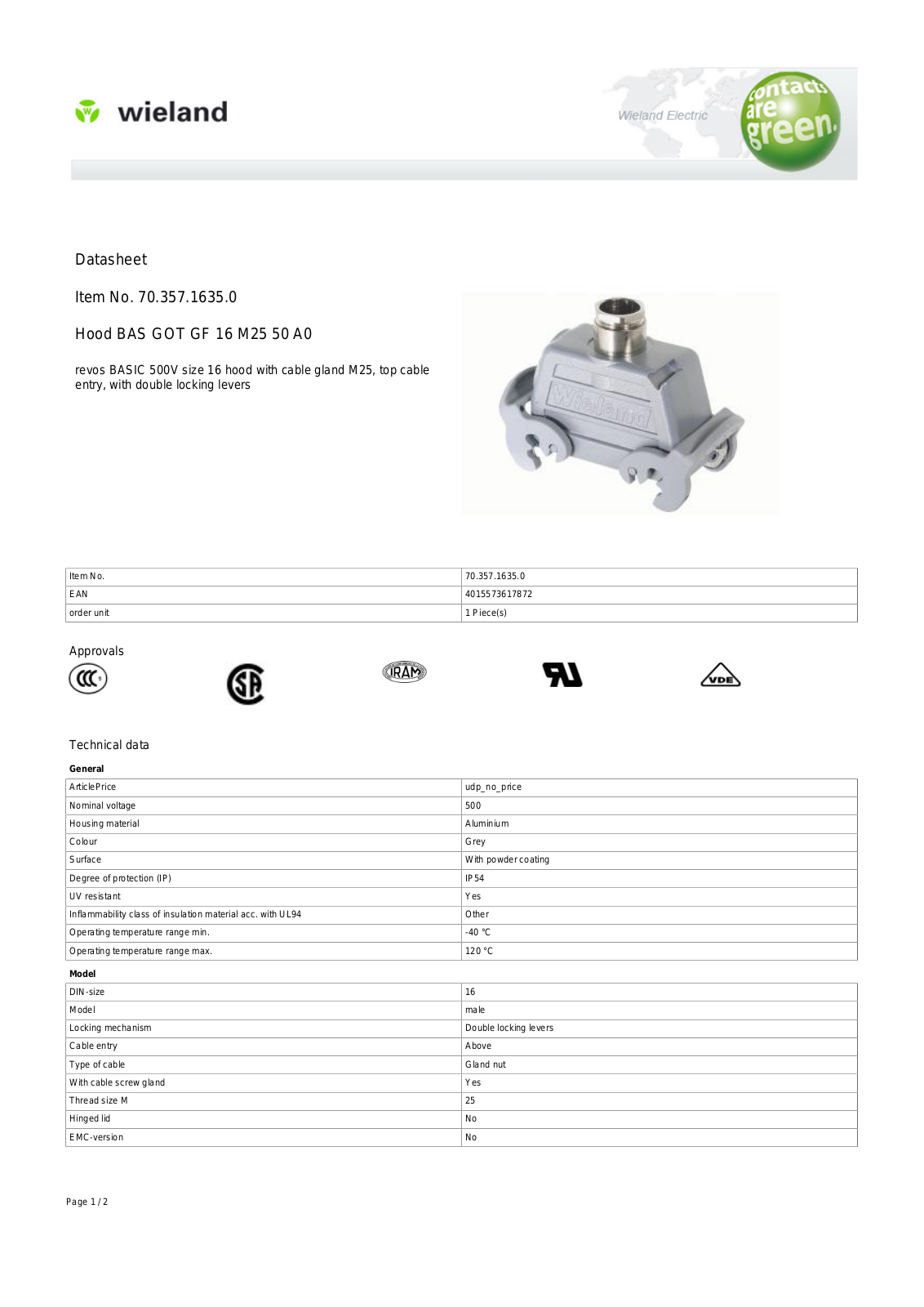 Wieland 72.357.1635.0 Data Sheet