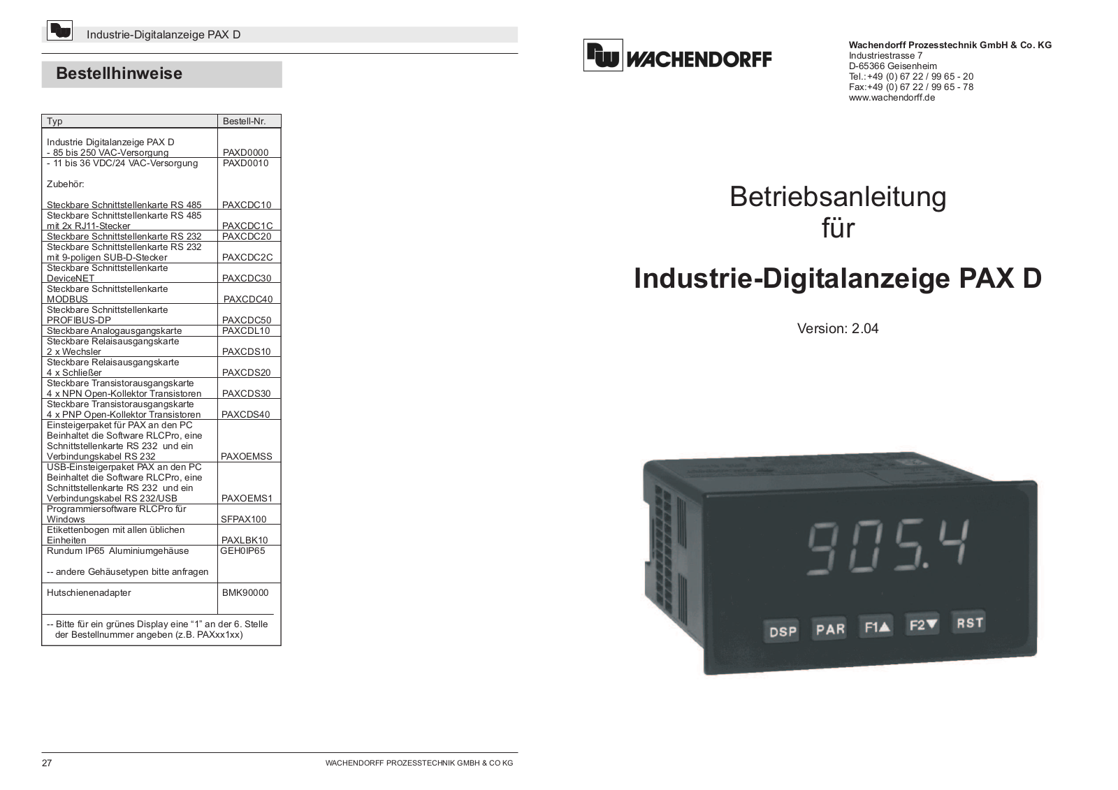 Wachendorff PAX D, PAXD0000, PAXD0010, PAXCDC10, PAXCDC1C User guide