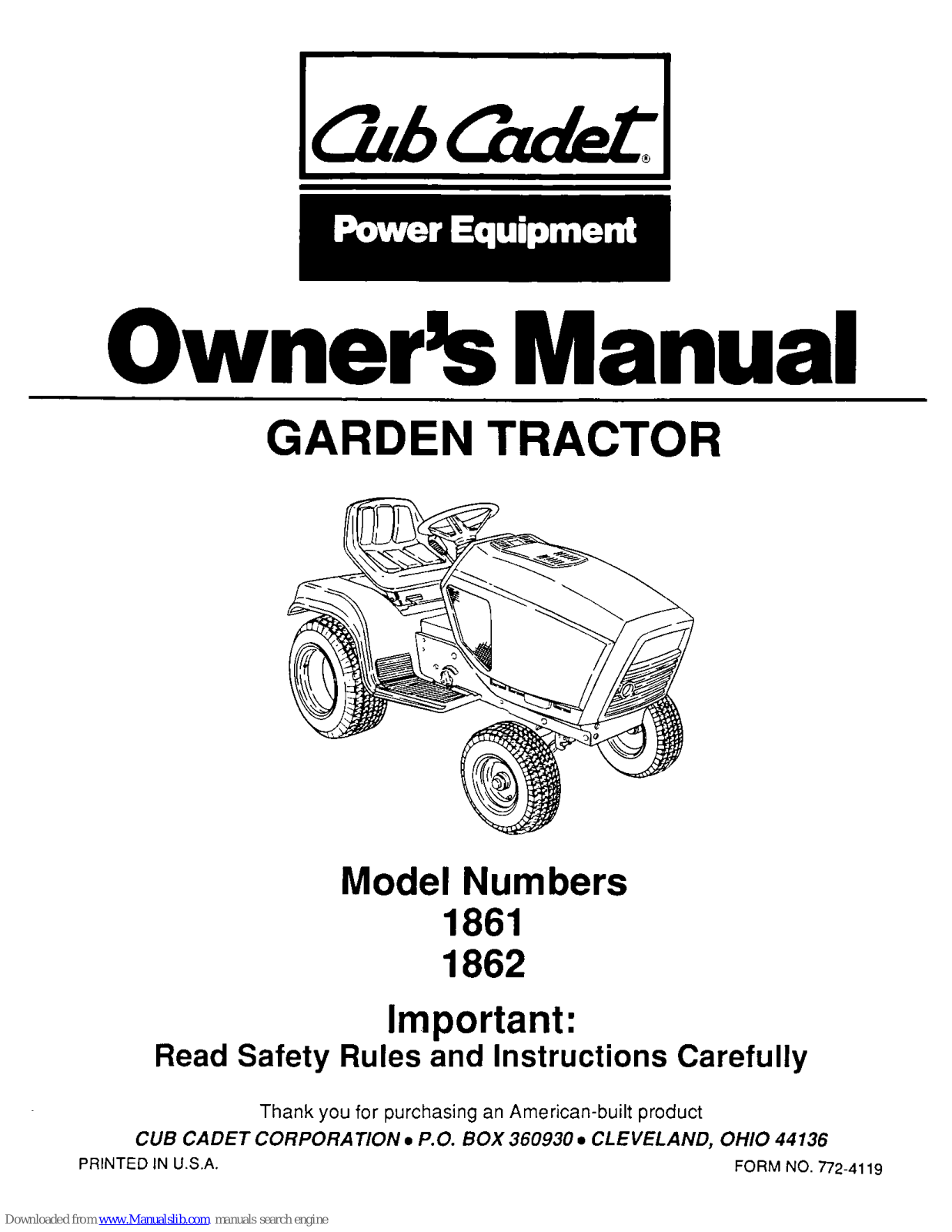 Cub Cadet 1861, 1862 Owner's Manual