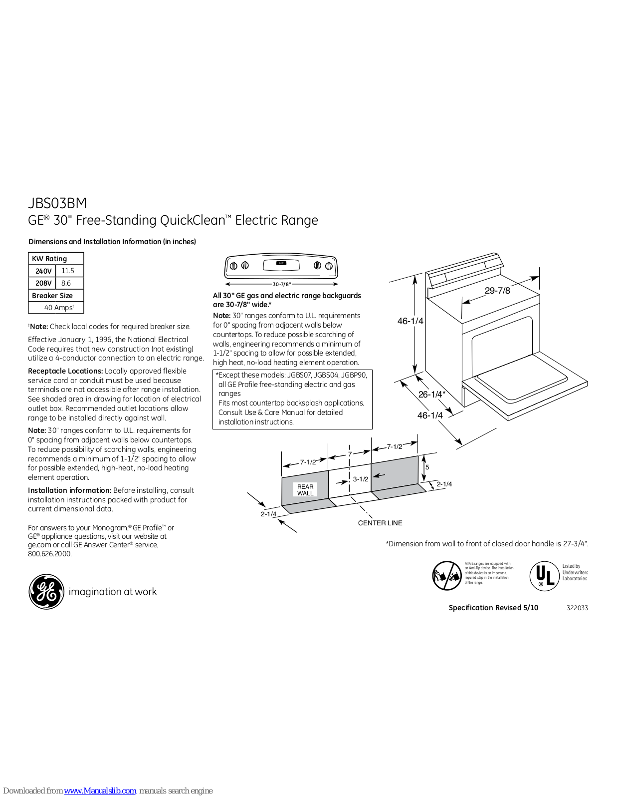 GE QuickClean JBS03BM, JBS03BMWH Dimensions And Installation Information