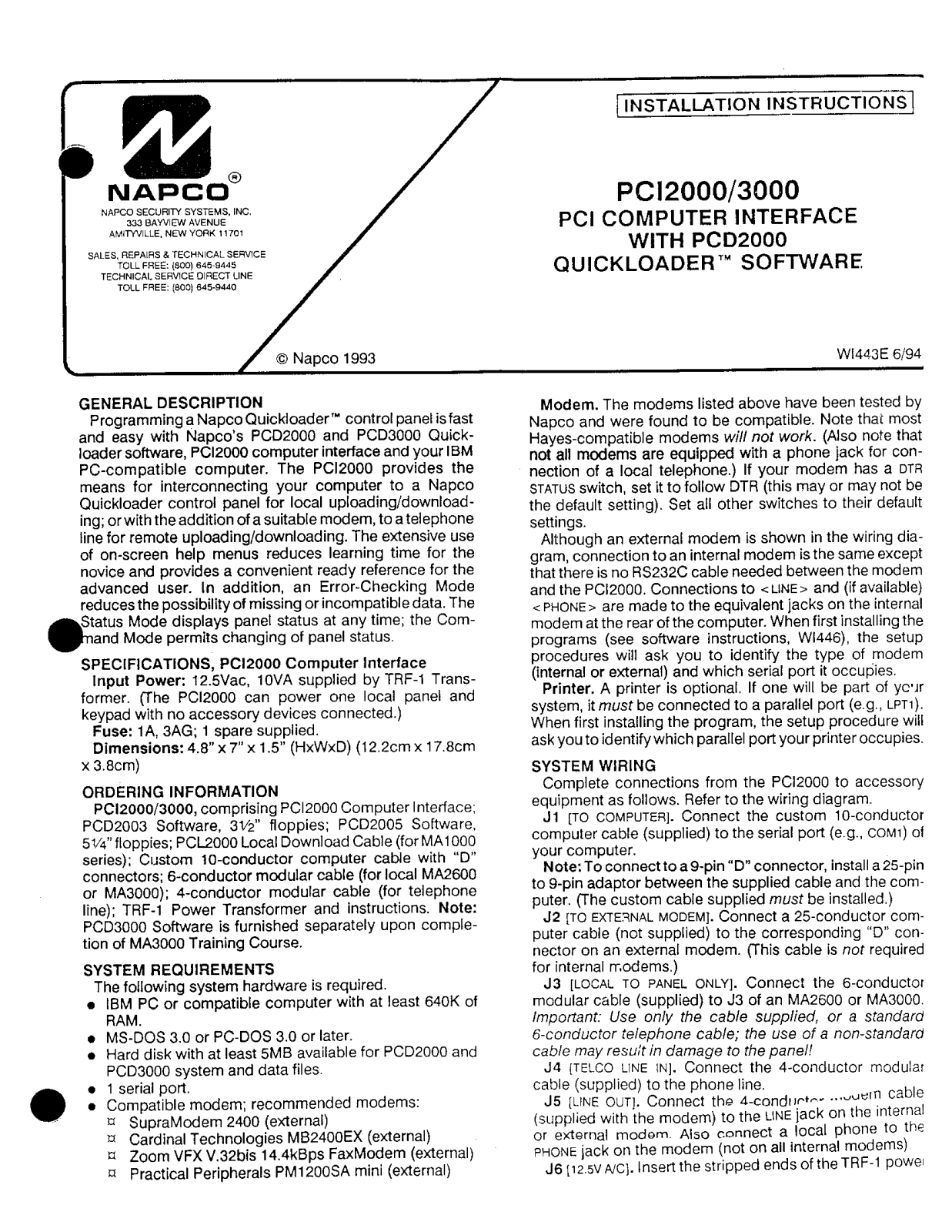 NAPCO PCI3000 Installation Instruction