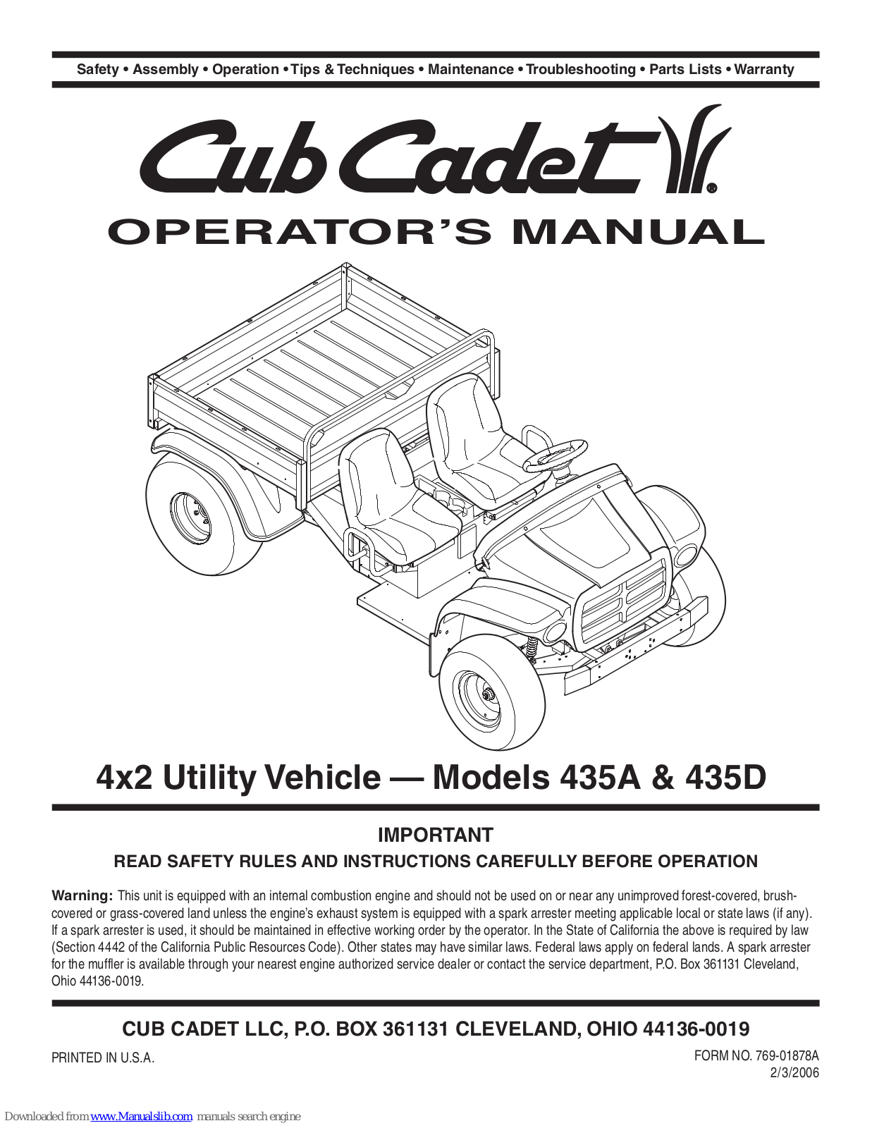 Cub Cadet 435A, 435D, RANGER RZR, Sportsman Forest 800, 430 Operator's Manual