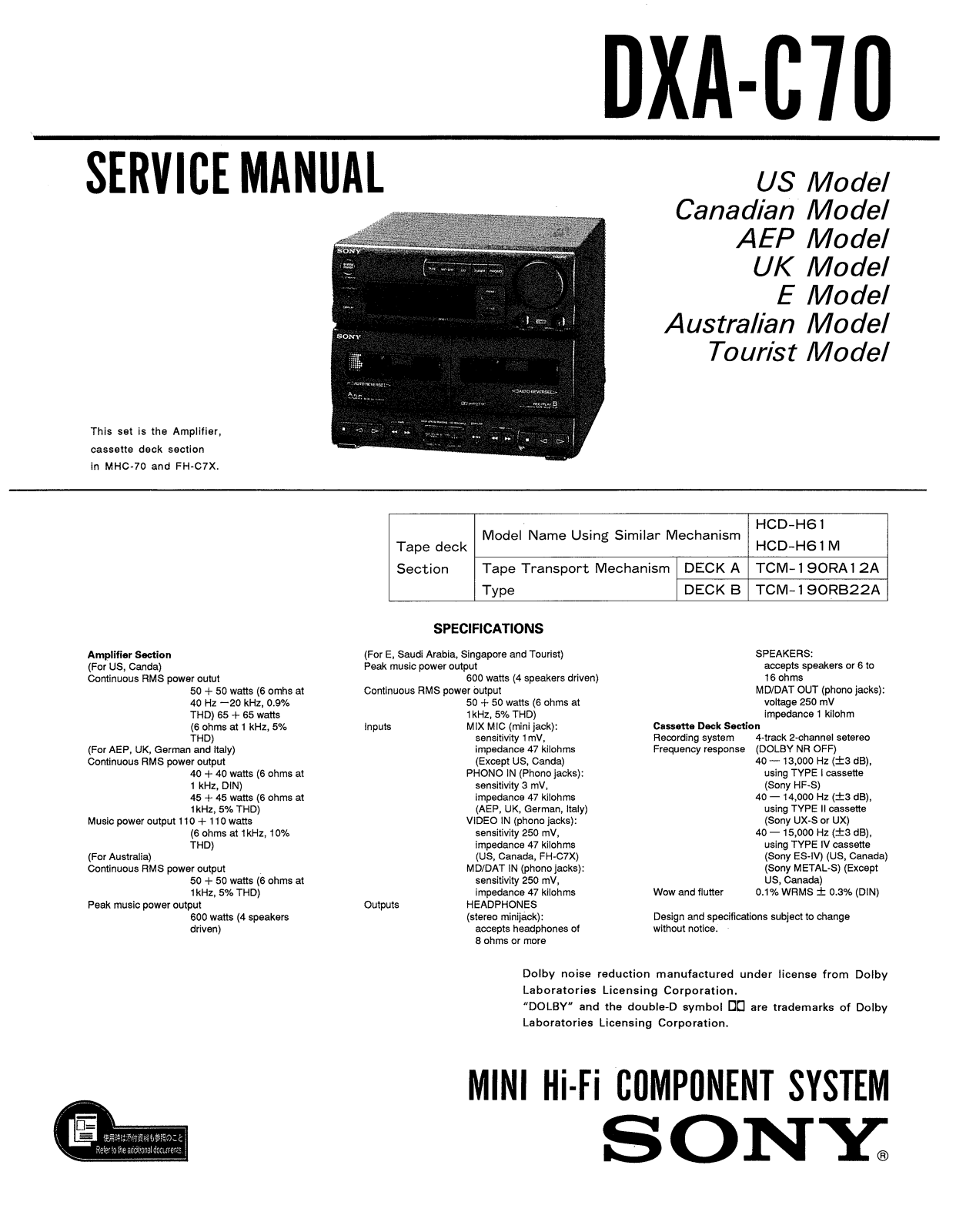 Sony DXAC-70 Service manual