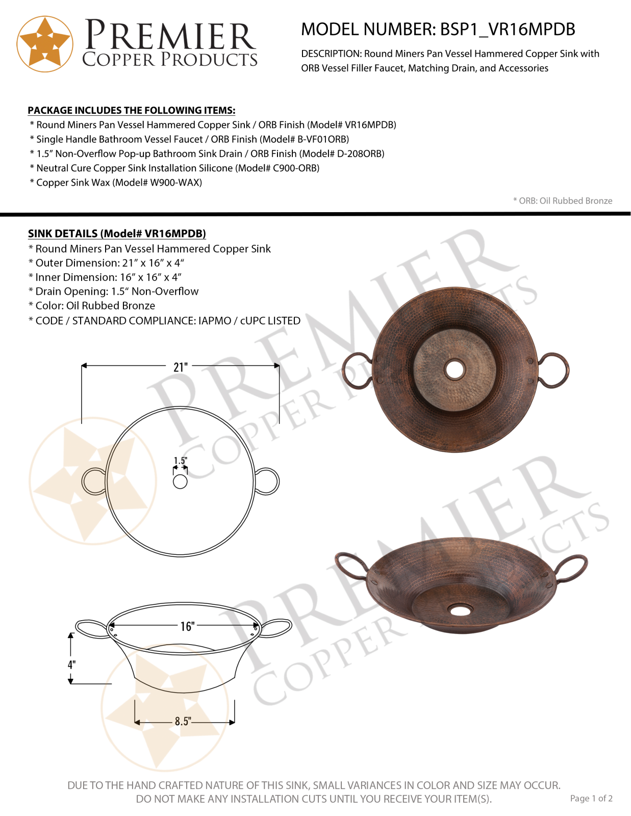 Premier Copper Products IER1441 Specifications - ManualMachine.com