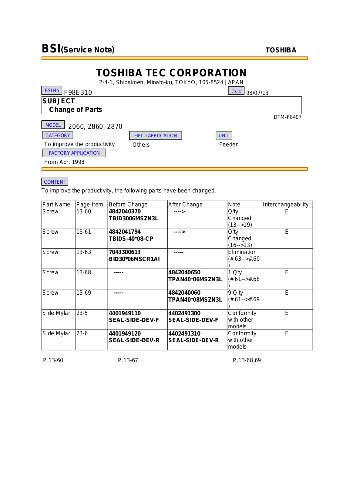 Toshiba f98e310 Service Note - ManualMachine.com