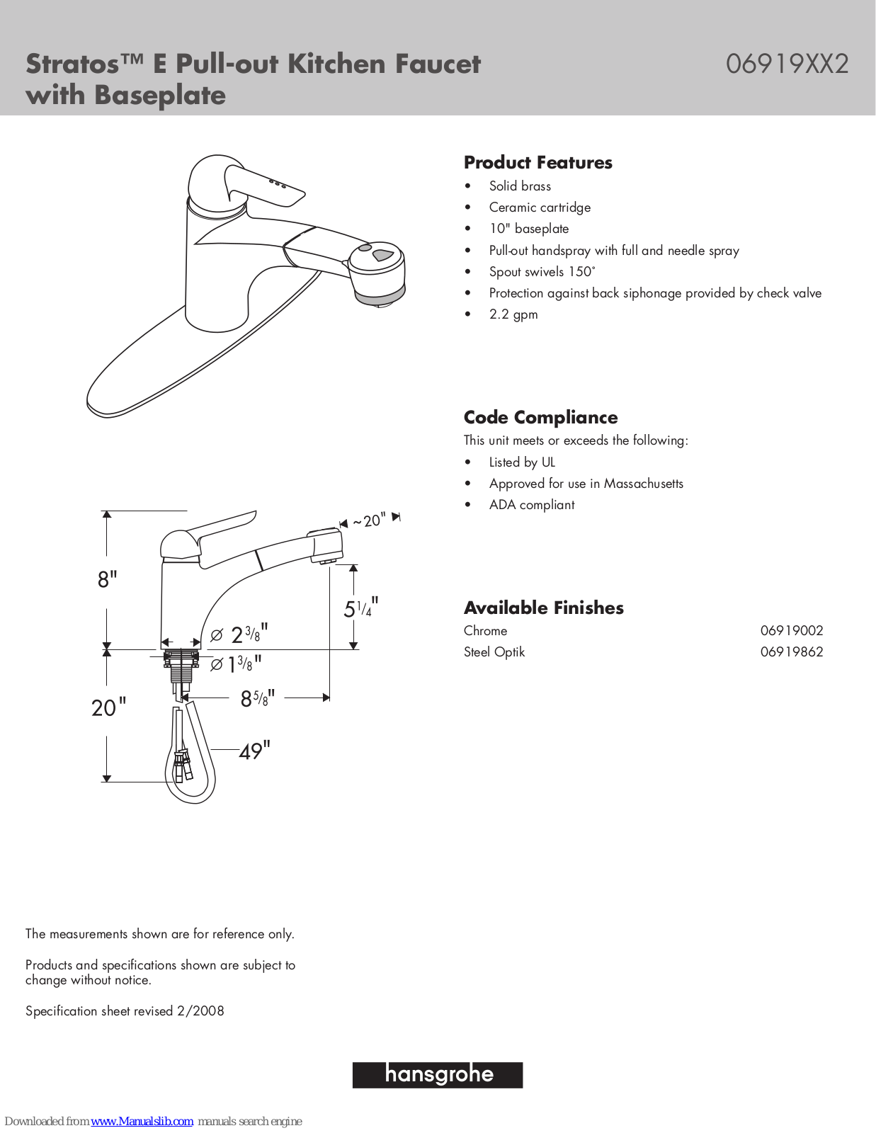 Grohe Stratos 06919002, Stratos 06919862 Specification Sheet