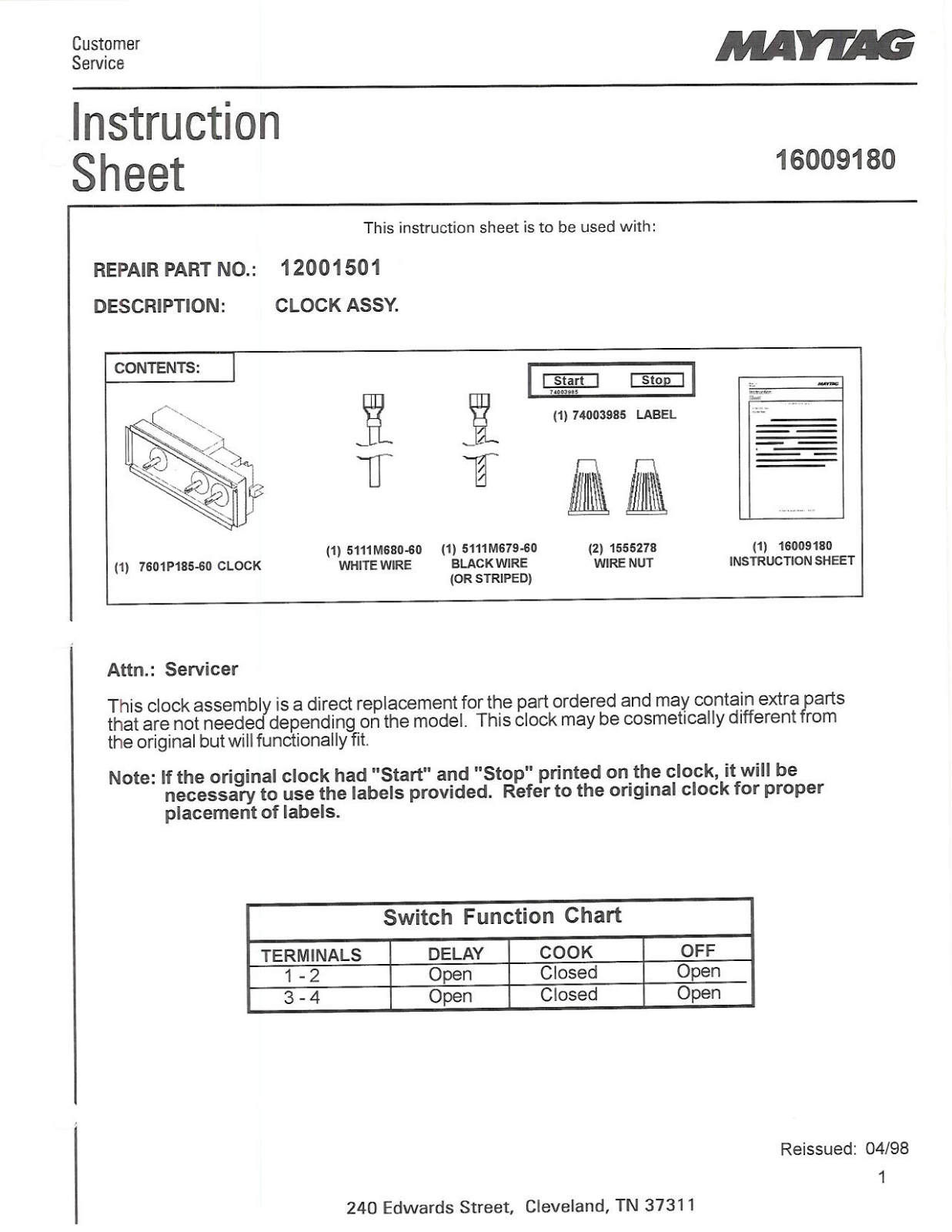 Maytag 12001501 Instruction Sheet