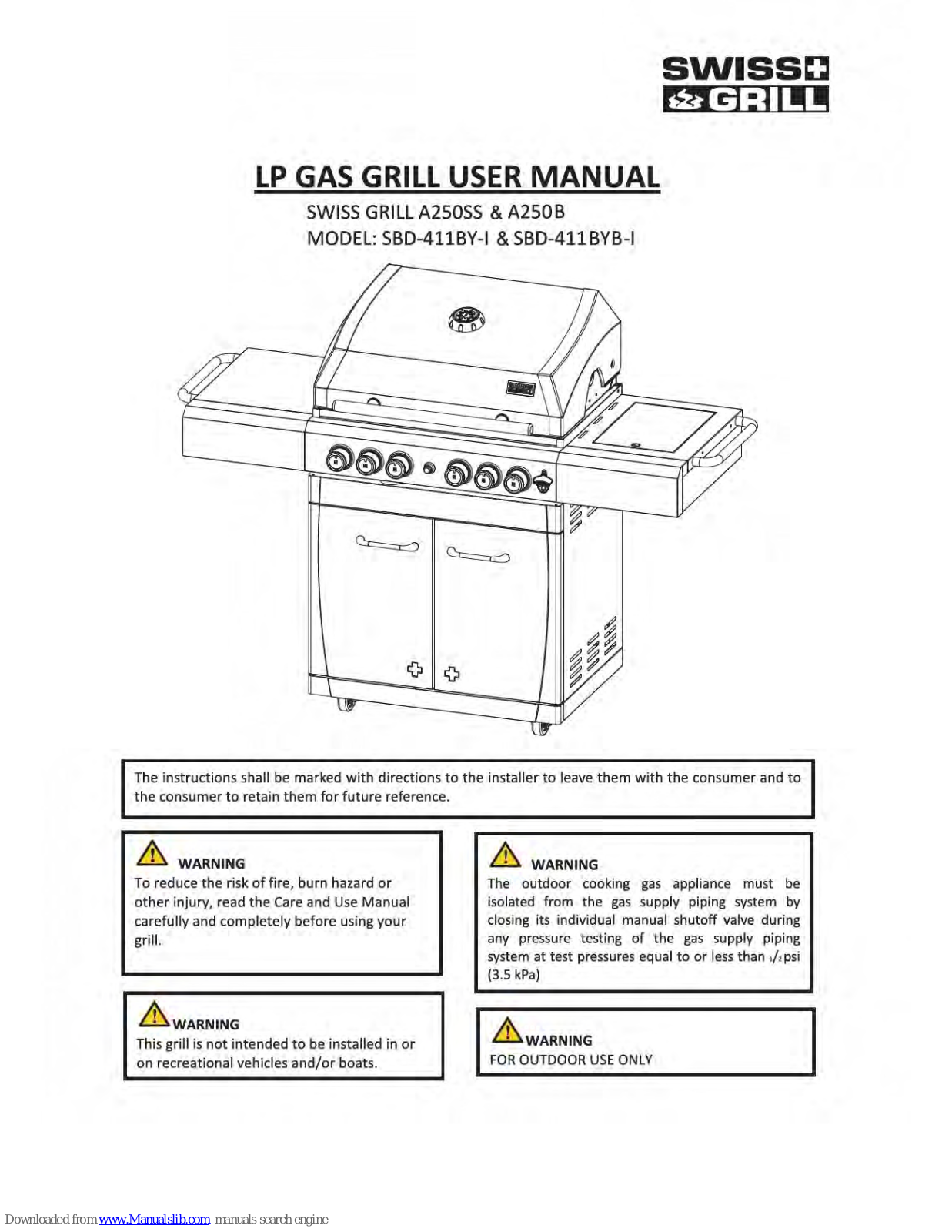 SWISS GRILL SBD-411BY-I, SBD-411BYB-I, A250SS, A250B User Manual