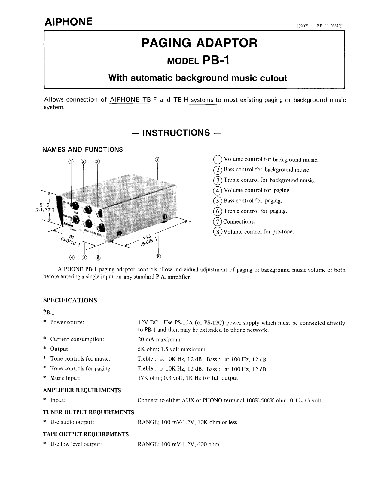 Aiphone PB-1 User Manual