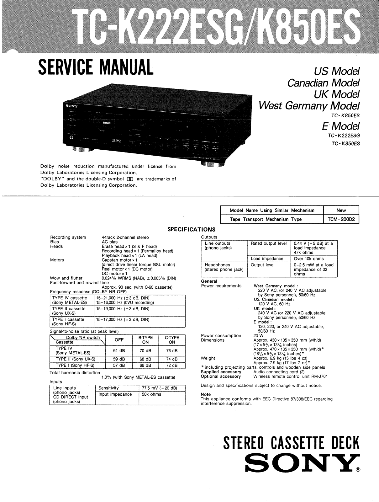 Sony TCK-222-ESG Service manual