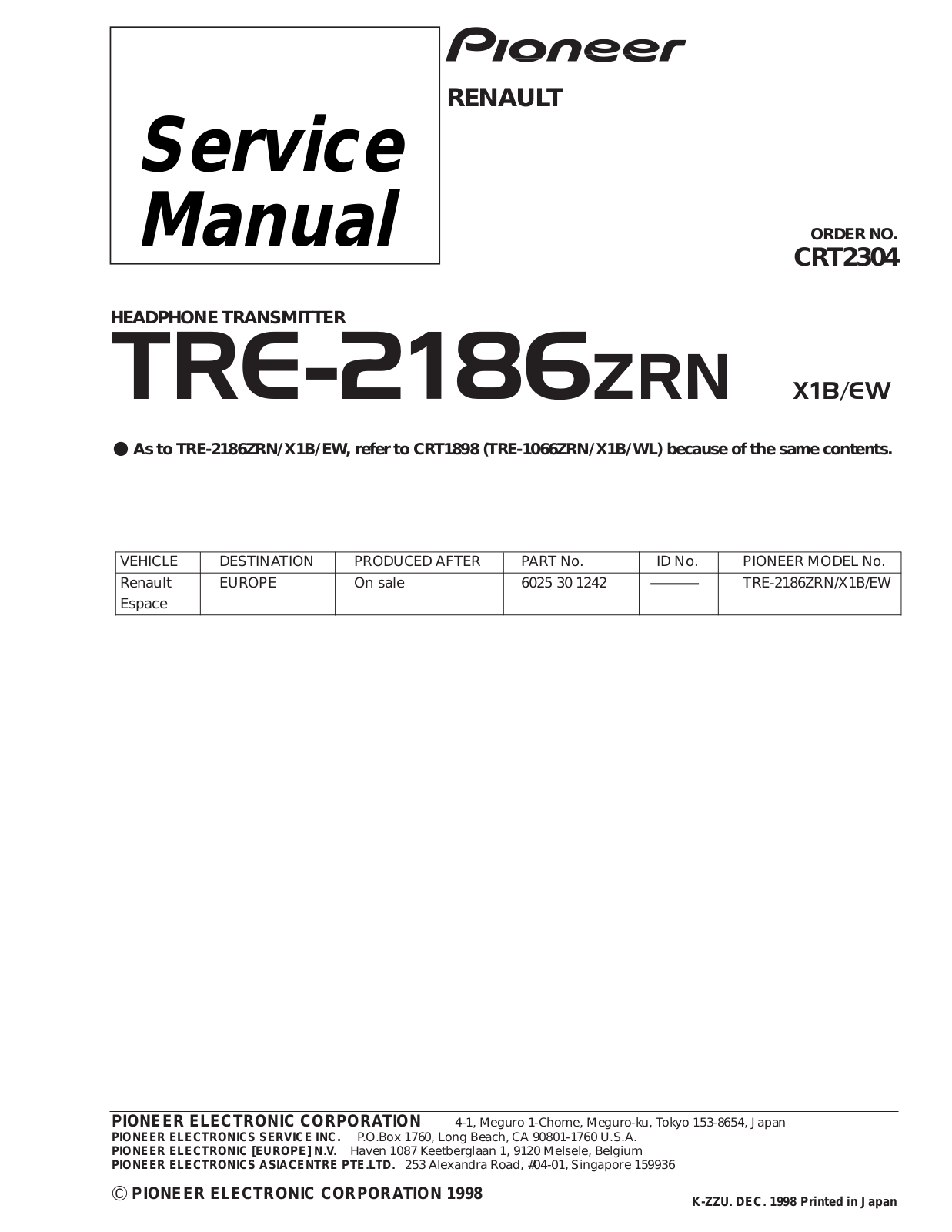 PIONEER TRE 2186 Service Manual