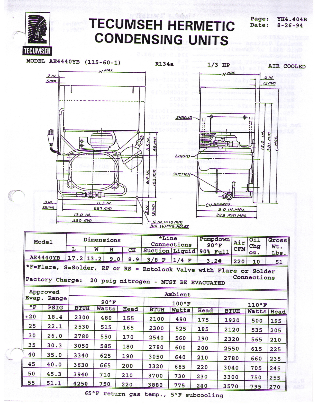 Tecumseh AEA4440YXAXB Performance Data Sheet