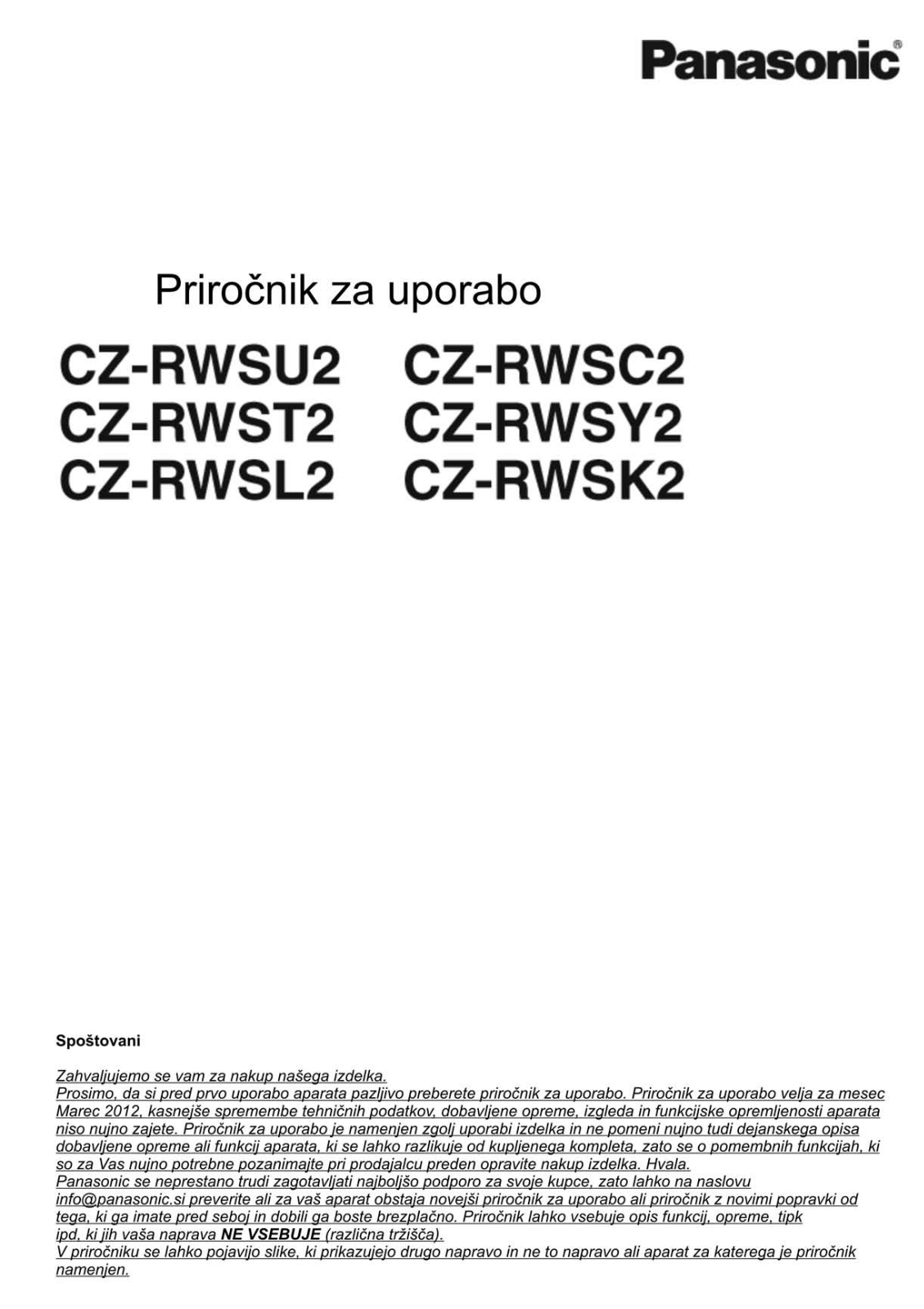 Panasonic CZ-RWSL2, CZ-RWSU2, CZ-RWSC2, CZ-RWSK2, CZ-RWSY2 User Manual