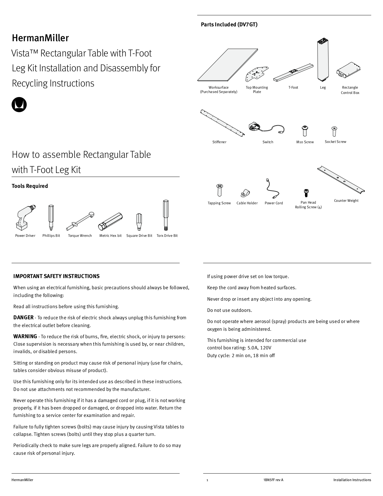 Herman Miller Vista Installation And Disassembly For Recycling Instructions