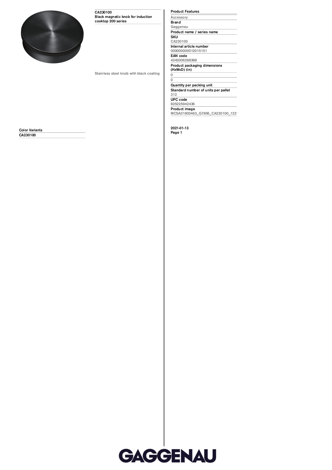 Gaggenau CA230100 Specification Sheet