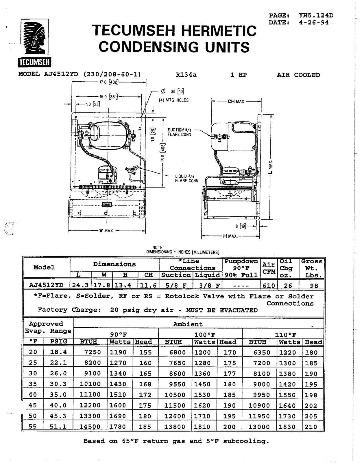 Tecumseh AJA4512YXDXD Performance Data Sheet