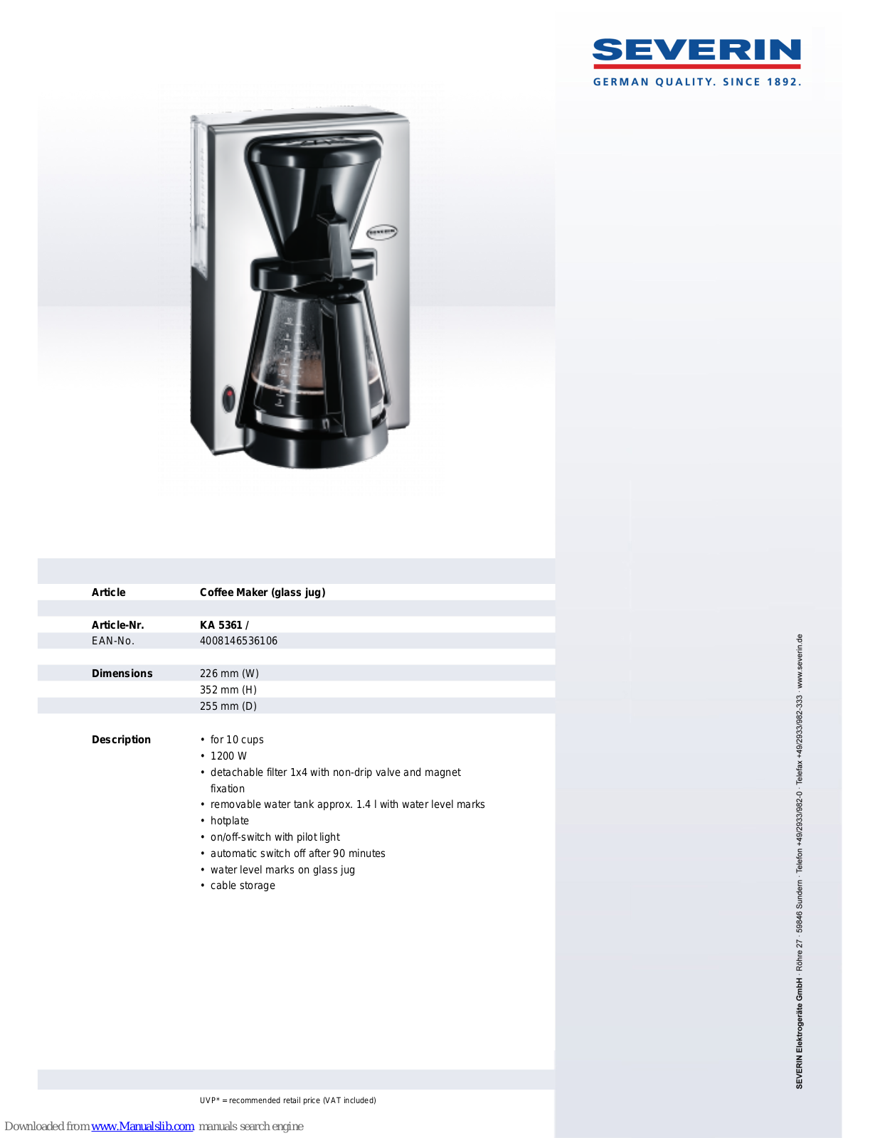 SEVERIN CAFÉ, STYLE, KA 5361 Dimensions