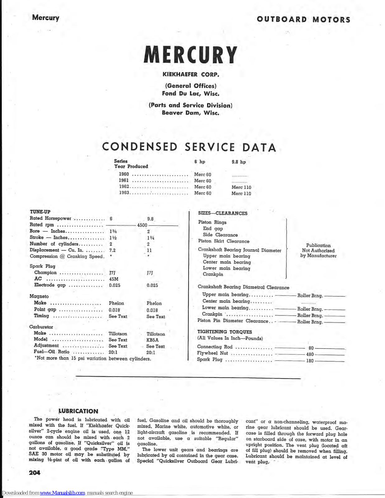 Mercury 1960 Merc 60, 1962 Merc 60, 1961 Merc 60, 1963 Merc 60, 1962 Merc 110 Service Data