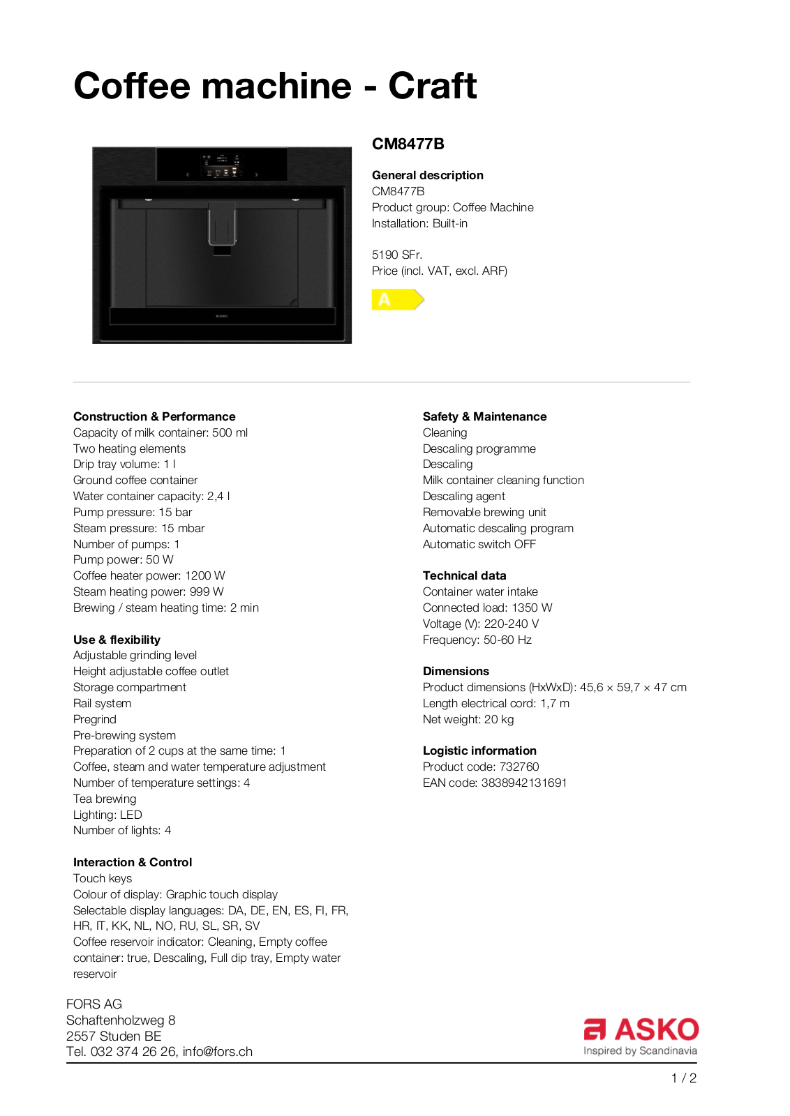 ASKO CM8477B Datasheet