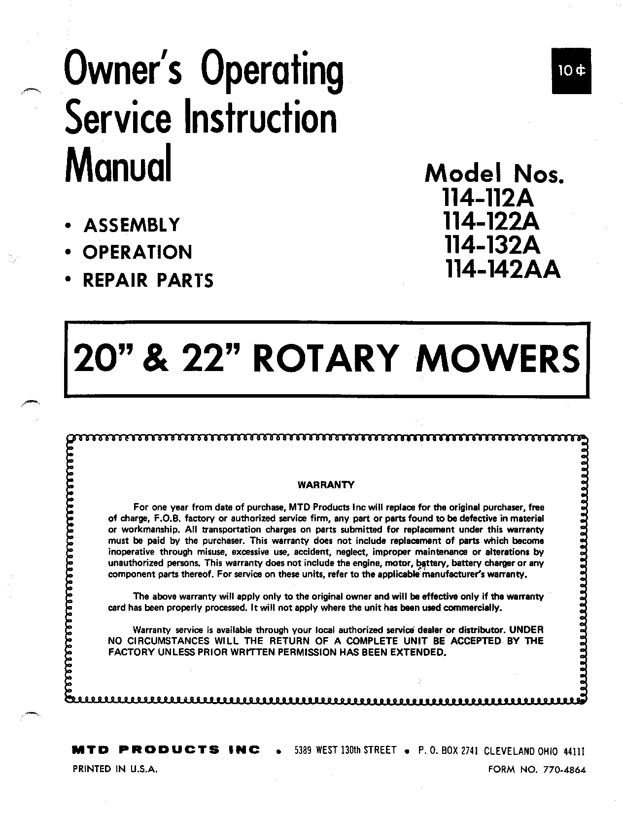 MTD 114-142AA, 114-132A, 114-122A, 114-112A User Manual