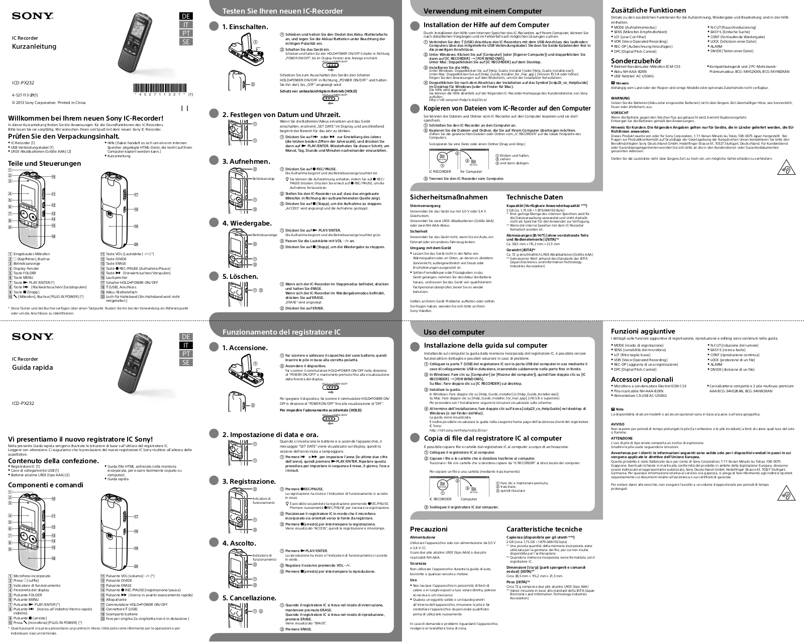 Sony ICD-PX232 QUICK START GUIDE