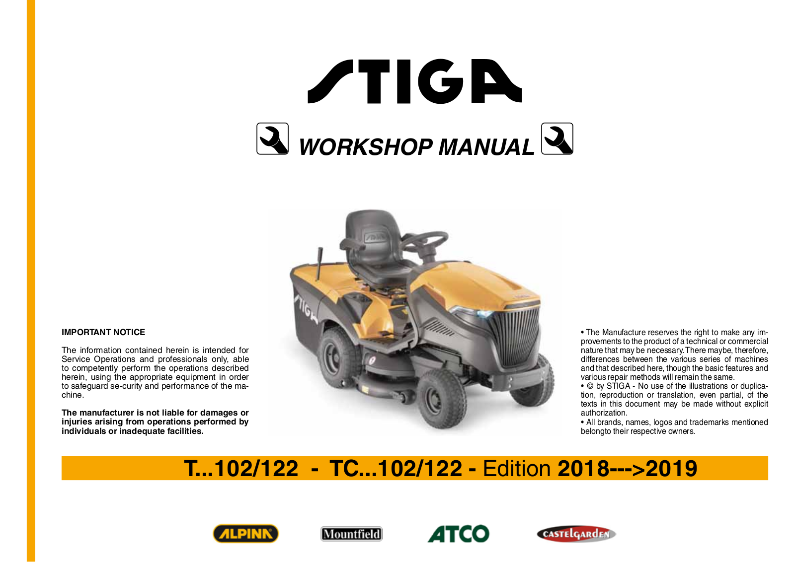 Stiga T 102 Series, T 122 Series, TC 102 Series, TC 122 Series Workshop Manual