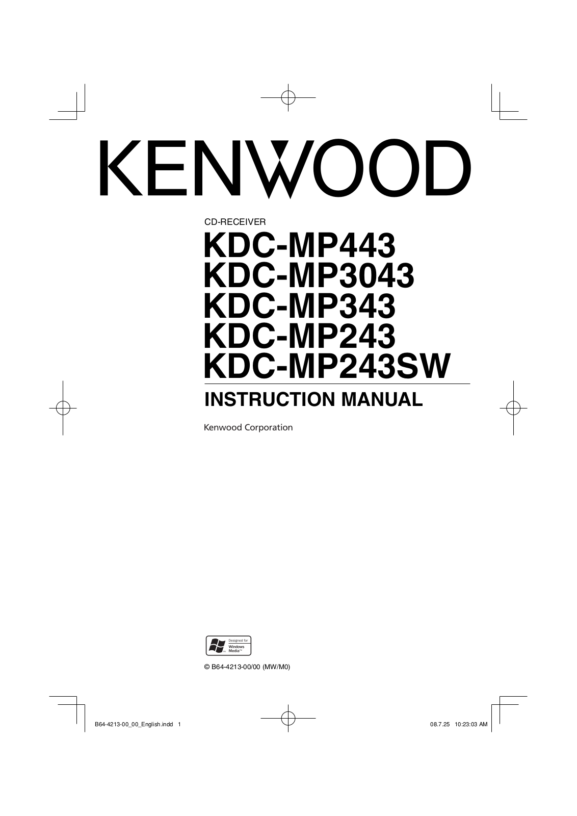 Kenwood KDC-MP3043, KDC-MP443, KDC-MP243SW, KDC-MP243, KDC-MP343 User Manual