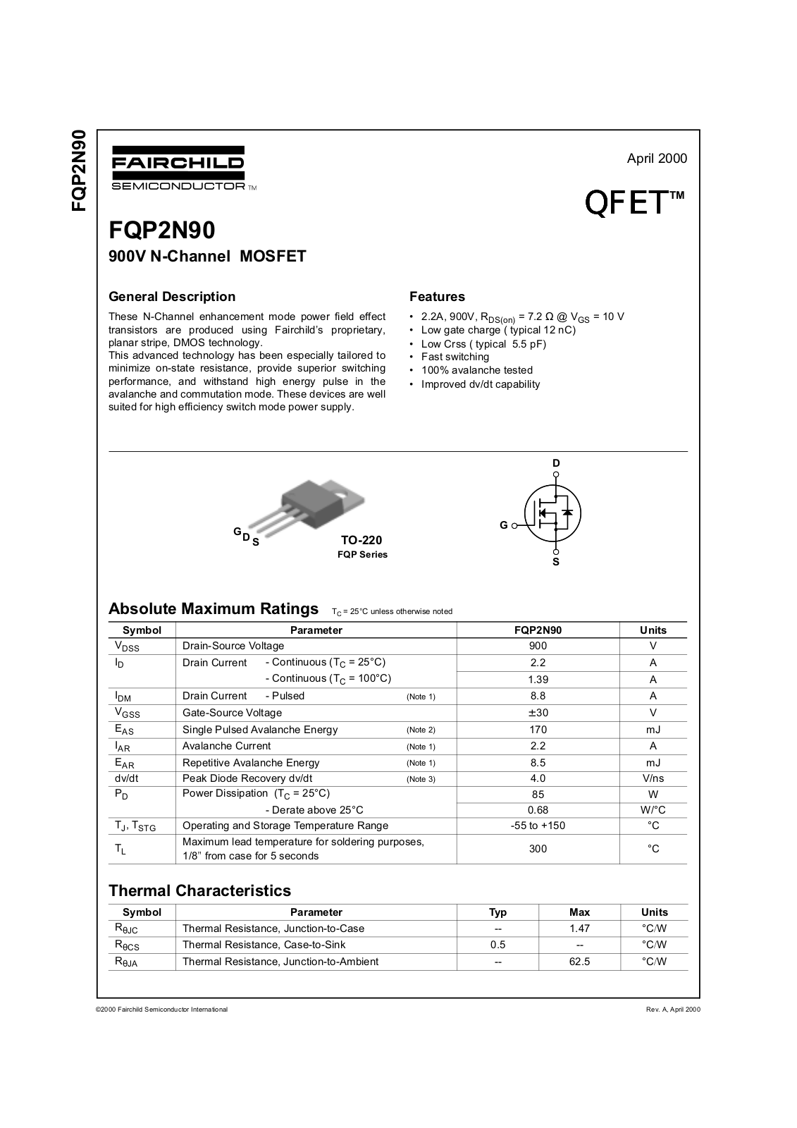 Fairchild Semiconductor FQP2N90 Datasheet