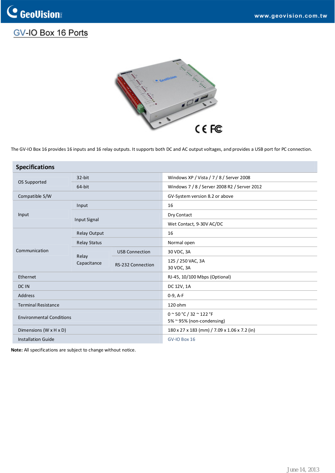 Geovision GV-IO-Box Specsheet