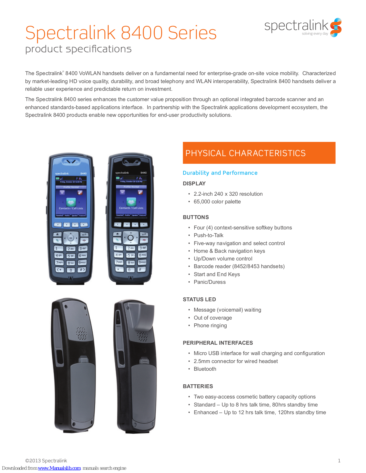 SpectraLink 8400 Series, 8440, 8441, 8452, 8453 Product Specifications