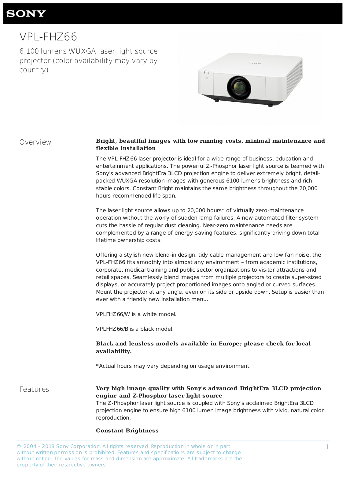 Sony VPL-FHZ66W, VPL-FHZ66B Product Sheet