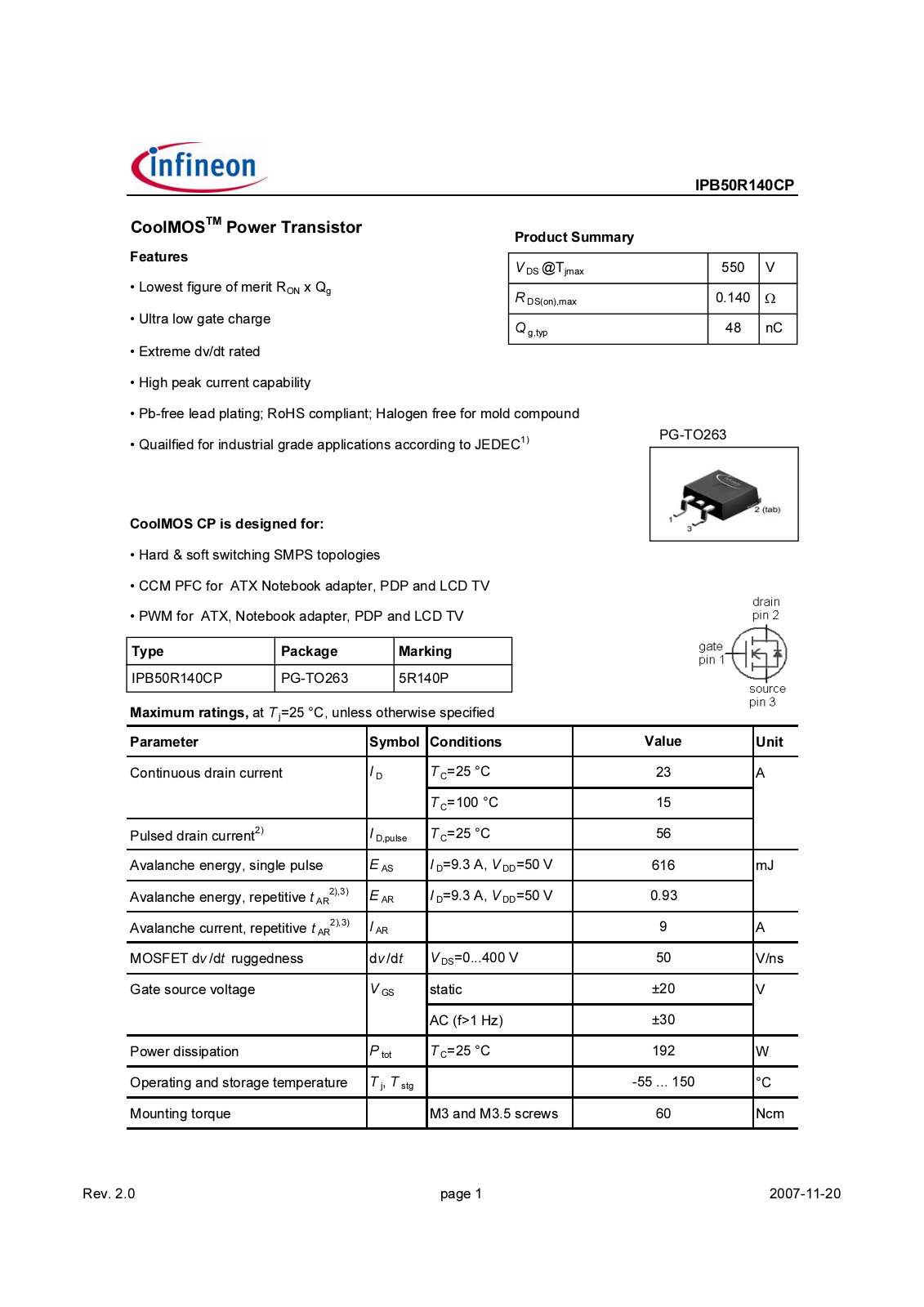 Datasheet ipb50r140cp_rev2.0 Datasheet - ManualMachine.com