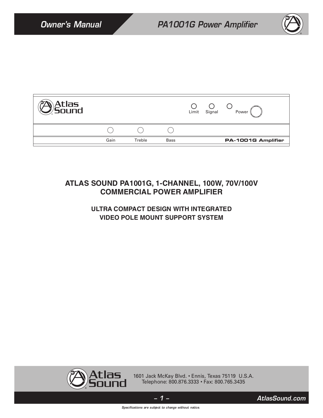 Atlas Sound PA1001G User Manual