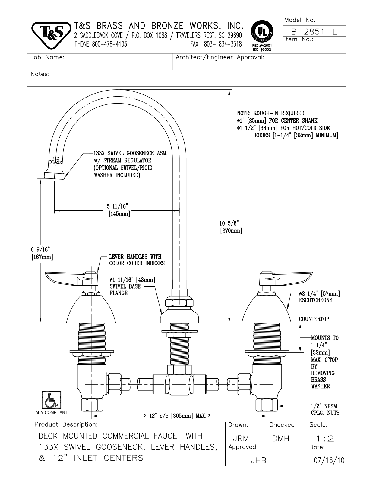 T&S Brass B-2851-L User Manual