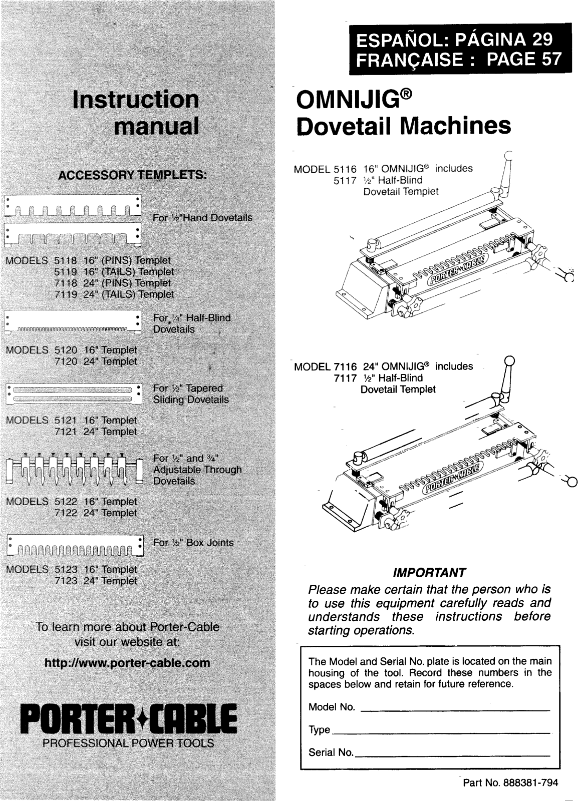 Porter-Cable 5116, 5117, 7116, 7117 User guide