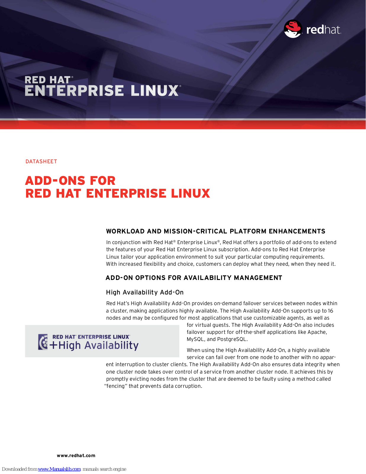 Red Hat ADD-ONS - DATASHEET FOR ENTERPRISE LINUX 6 Datasheet