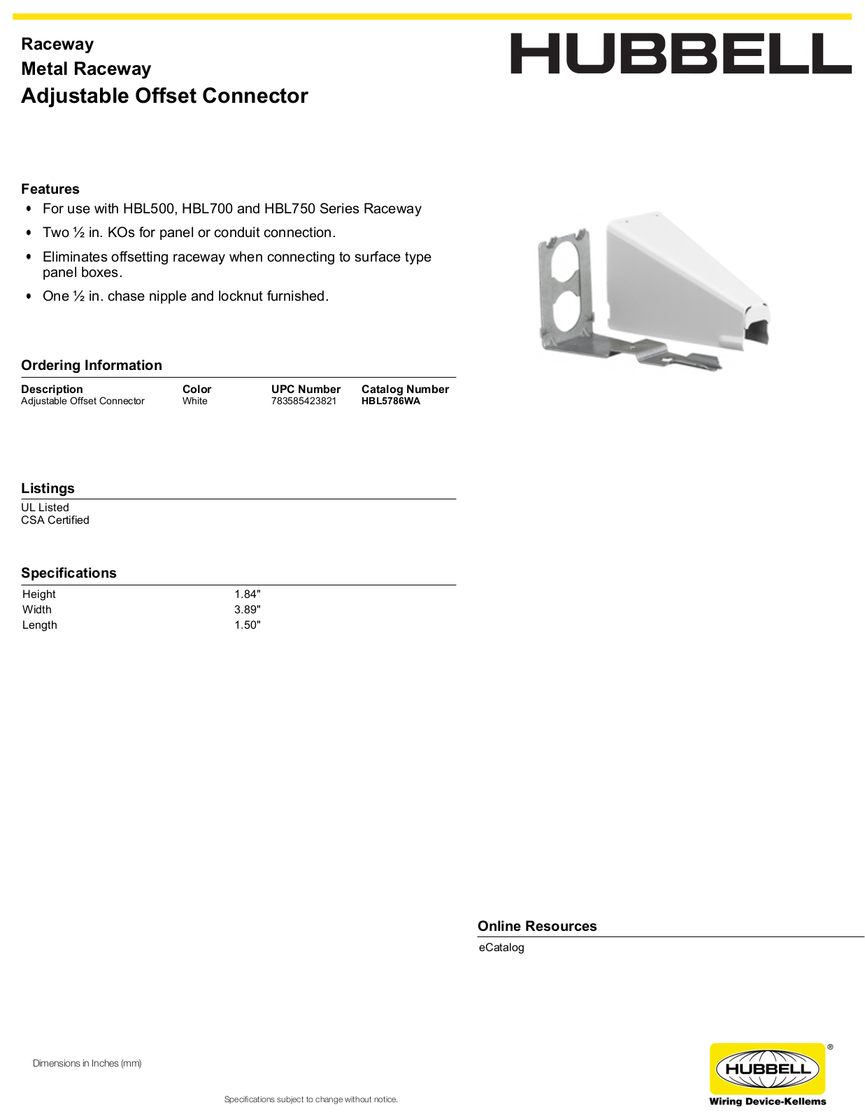 Hubbell HBL5786WA Specifications