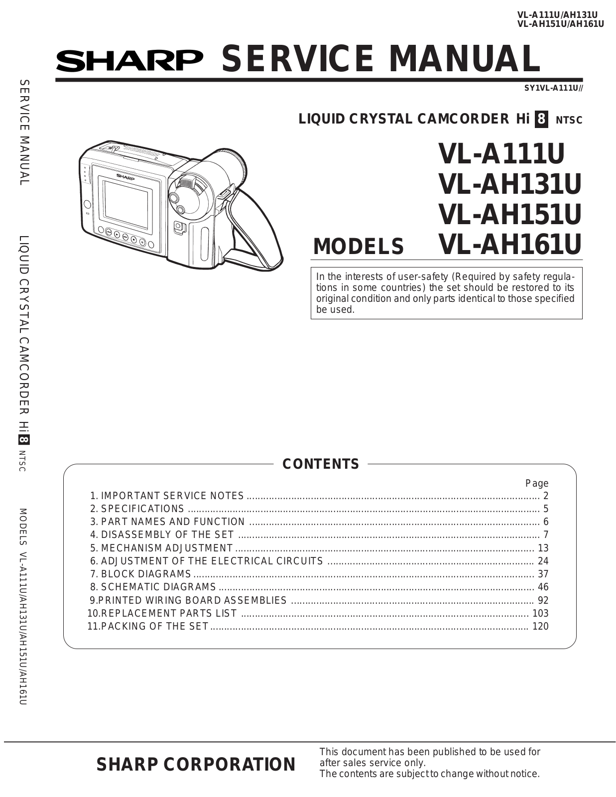 SHARP VL-A111U, VL-AH131U, VL-AH151U, VL-AH161U Service Manual