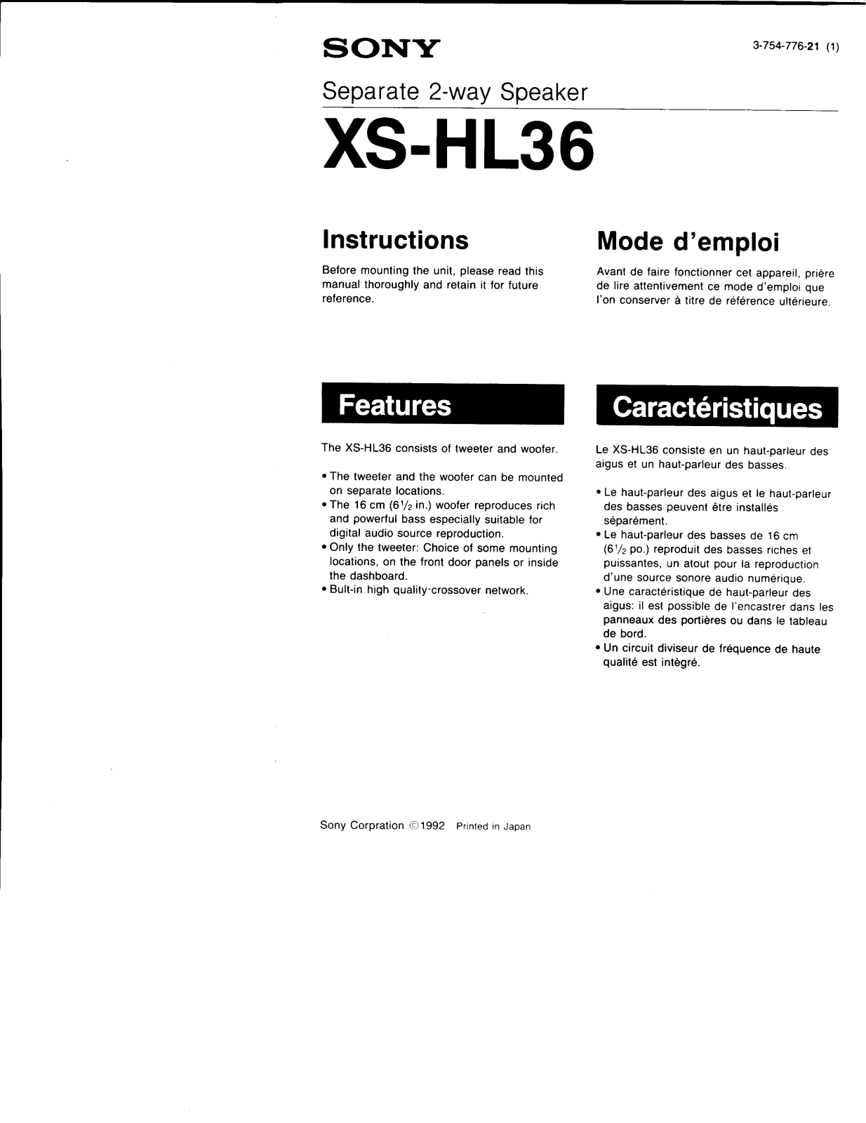 Sony XS-HL36 Instructions Manual