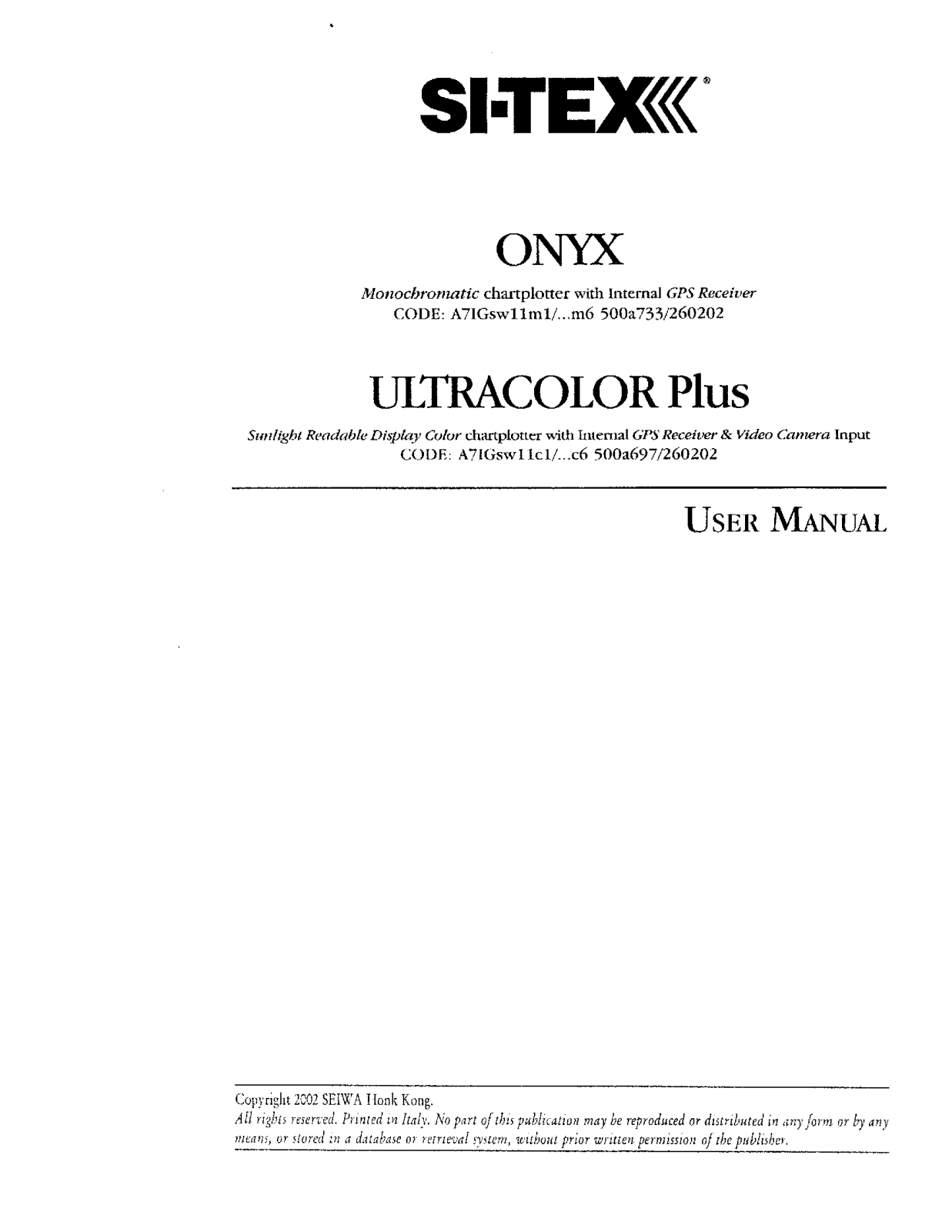 Si-tex Onyx Ultracolor Plus User's Manual