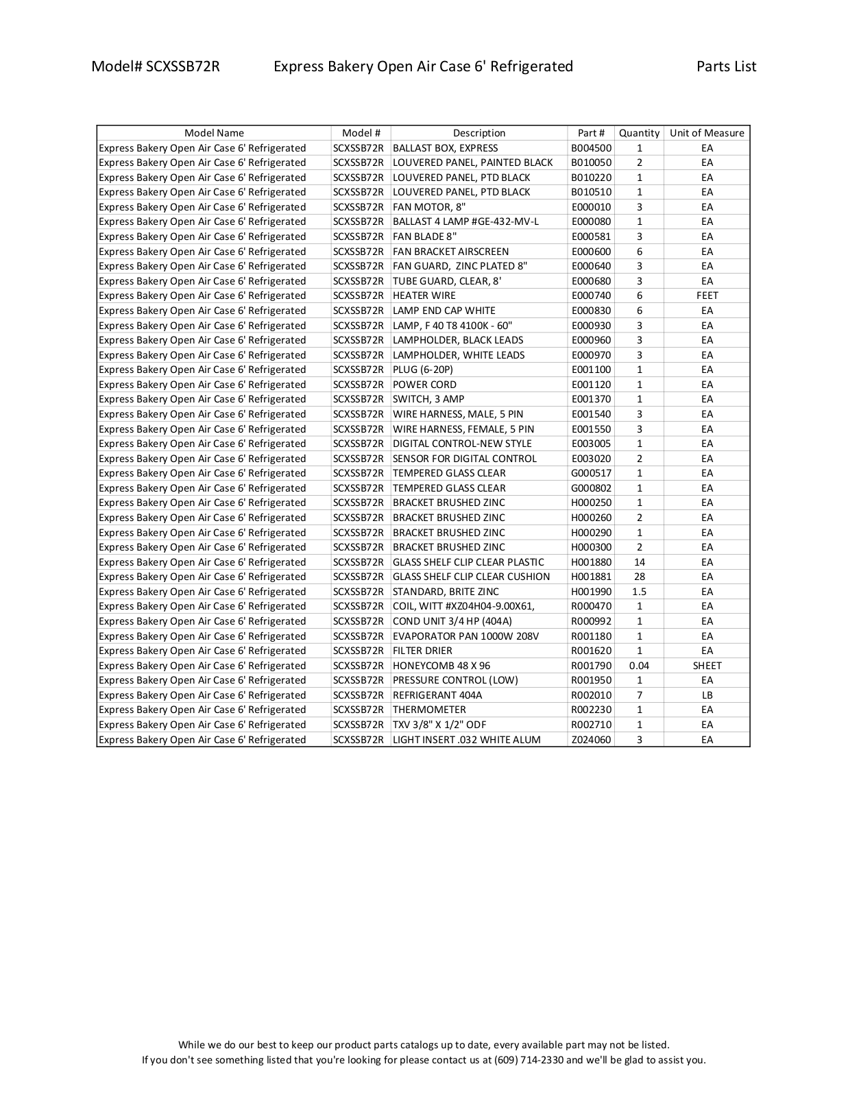 RPI Industries SCXSSB72R Parts List