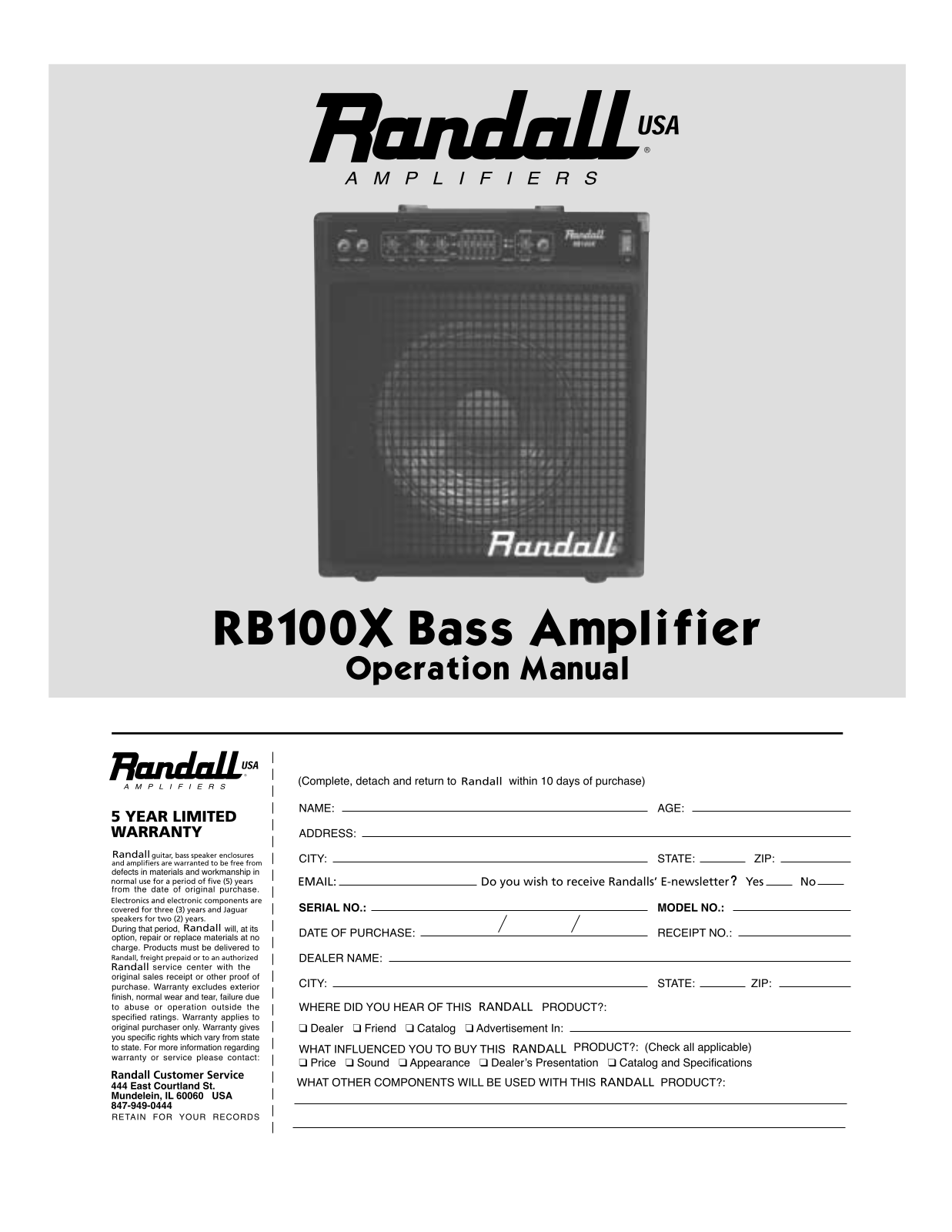 Randall RB100X Owner's Manual