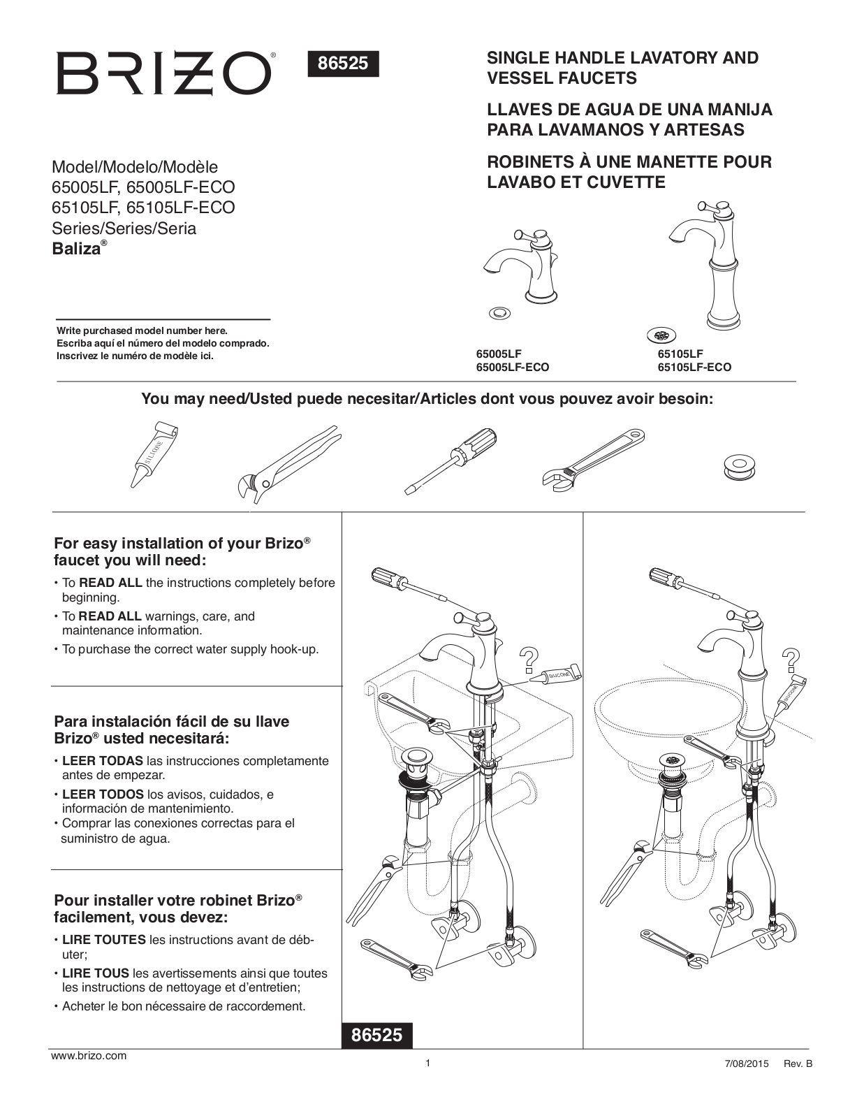 Brizo Baliza 65005LF, Baliza 65005LF-ECO, Baliza 65105LF, Baliza 65105LF-ECO Quick Start Manual