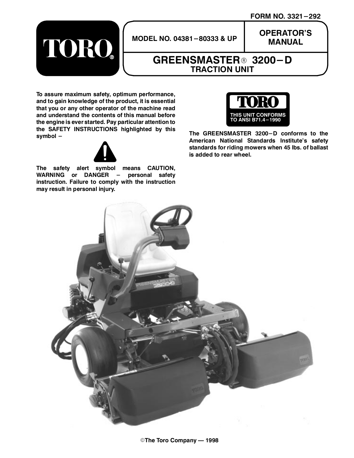 Toro 04381, Greensmaster 3200-D, 04380, Greensmaster 3200 Operator's Manual