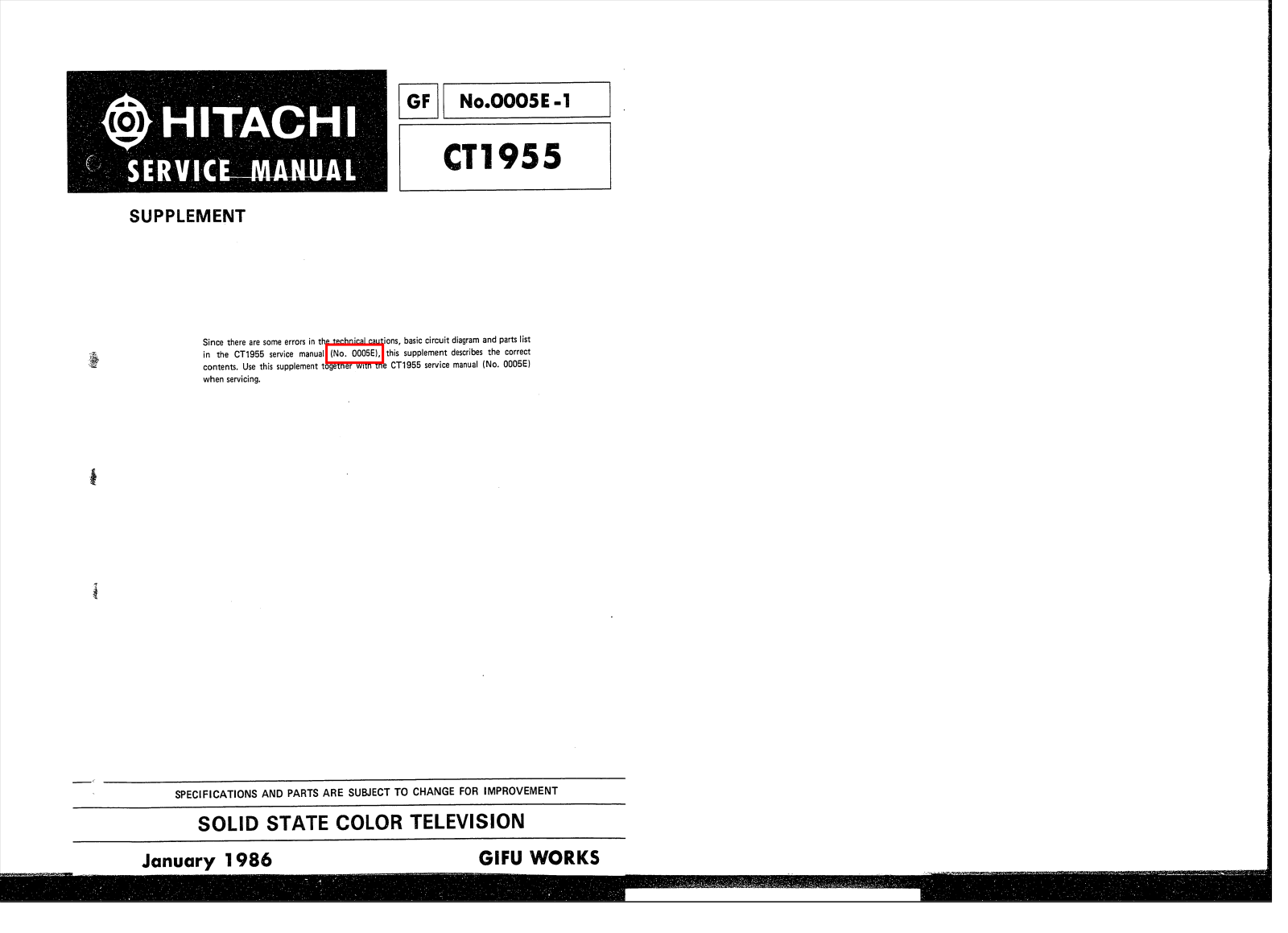 Hitachi CT1955 Schematic