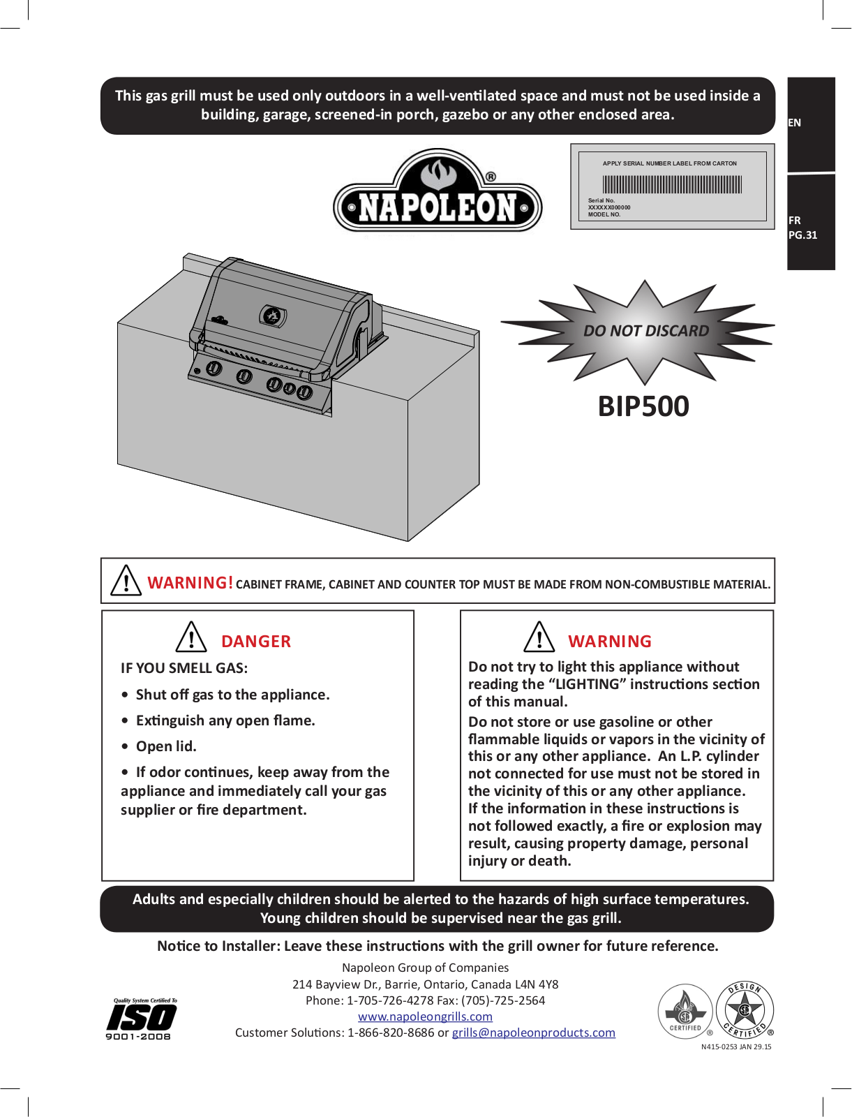 Napoleon Bip500rb, Bip500 Owner's Manual